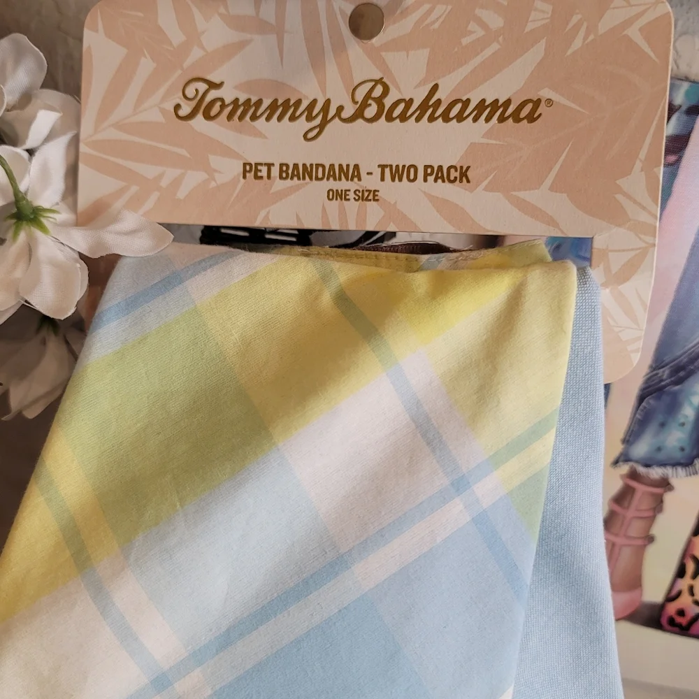 Tommy Bahama Pet Bandana 2 Pack Dogs One Size Blue & Blue & Yellow Plaid New